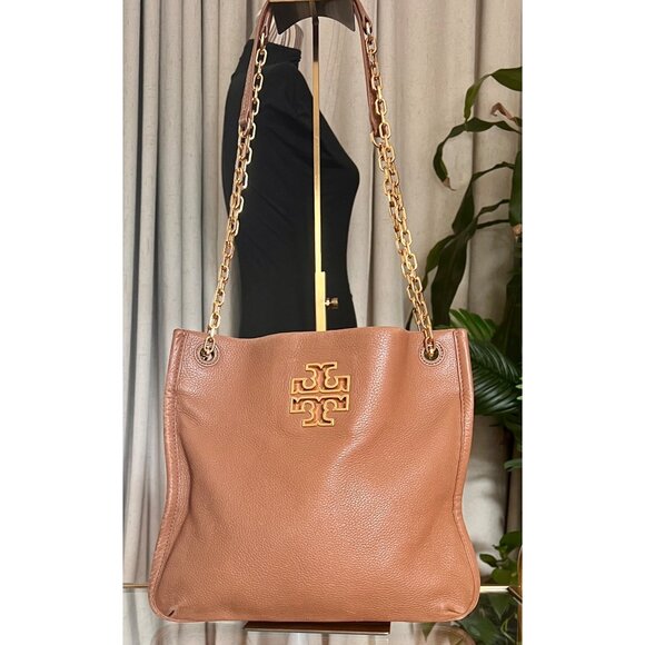 Tory Burch Tan Leather Britten Shoulder Bag With Gold Chain Strap & Logo Detail - Picture 1 of 9